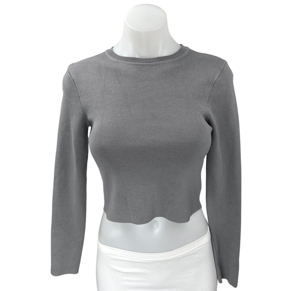 Zara Women's Gray Ribbed knit Long Sleeve Crew Neck Cropped Sweater Top Size S